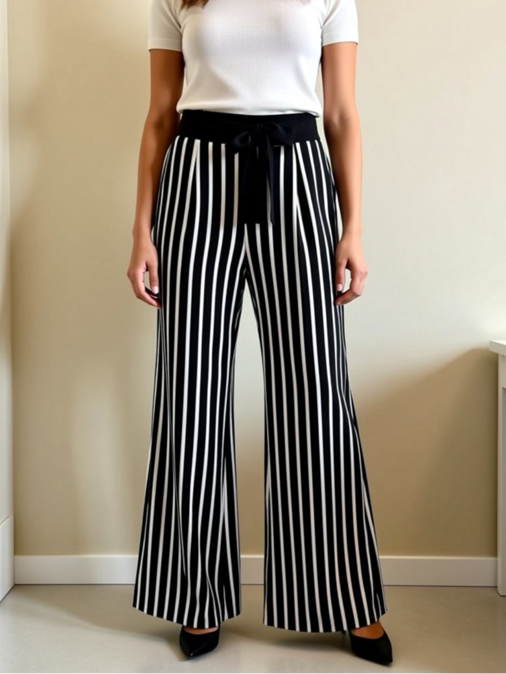 Insight Black & White Vertical Stripe Wide-Leg Pants with Tie Waist